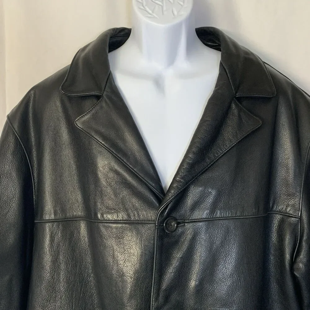 Vintage Marc New York Men’s Black Leather Jacket XL Button Front Coat Heavy Y2K